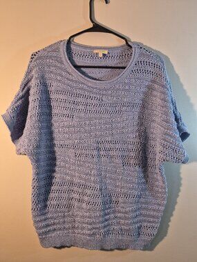 Laura Petites M Blue Open Knit Short Sleeve Sweater Spring Lightweight
